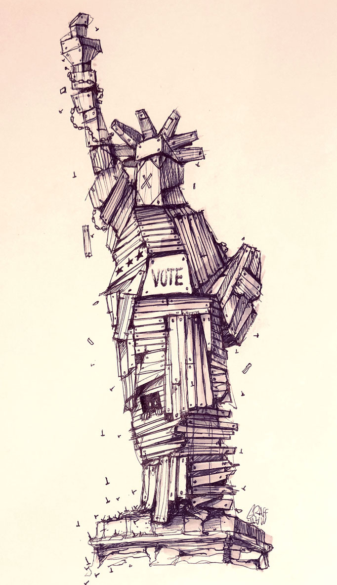 <b>VOTE</b><br>30 x 21 cm<br><a style="color:#db6464;">Vendu</a><alt="Vote america statue de la liberte bois barricade wood fear presidential elections usa donald trump joe biden confrontation peur dessin streetart">