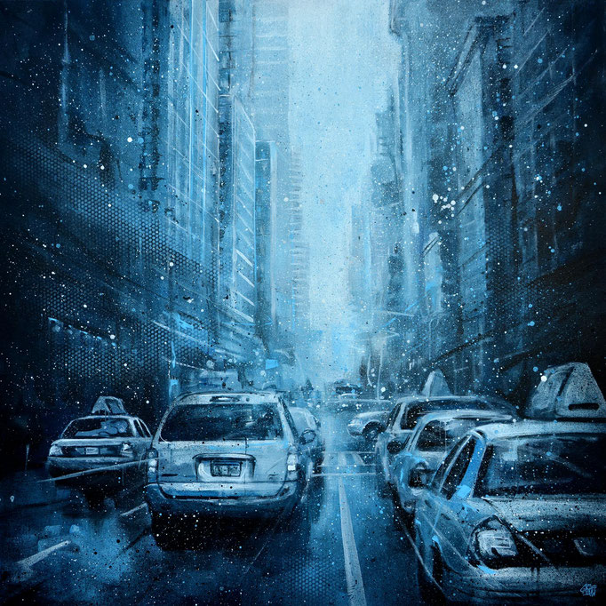 <b>WINTER TRAFFIC/b><br>80 x 80 cm<br><a style="color:#db6464;">Vendu</br></a> <alt="art peinture newyork ville art urbain scène urbaine rue New-York painting peinture d'art contemporain urbain street scene cityscape paysage urbain GRAFFMATT">