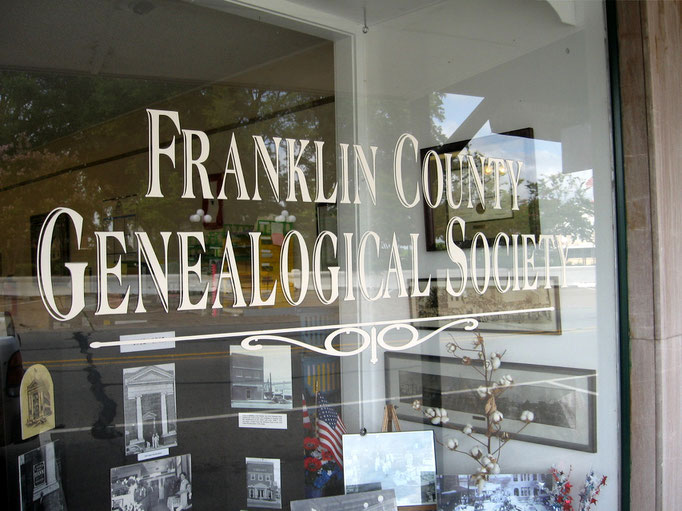 Franklin County Genealogical Society sign and window display