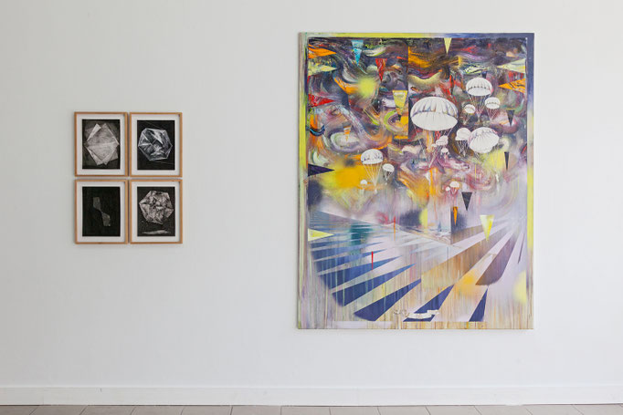 Wanda Stolle · o.T. Alle Tusche auf Aquarellpapier, 2015-2017 | Matthias Moravek · Landung Öl auf Leinwand, 2017