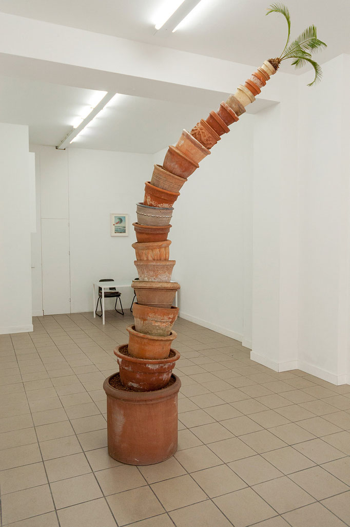 Katharina Moessinger · „ohne Titel“, Tontöpfe, Stahl, Hydrosteine und Zimmerpflanze, ca. 320 x 150 x 80 cm, 2015