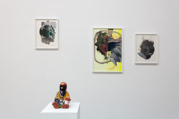 Maja Rohwetter · Gemischte Gefühle 1–5 Collagen, Photo, Papier, Öl auf Papier, 2017 / 2018 und Erika Plamann · Mustapha · Wachs, Pigmente, Ton, Gips, 2015