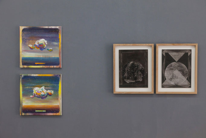 Matthias Moravek · Sky Study II & IV Öl auf Leinwand, 2018 | Wanda Stolle · o.T. Tusche auf Aquarellpapier, 2017