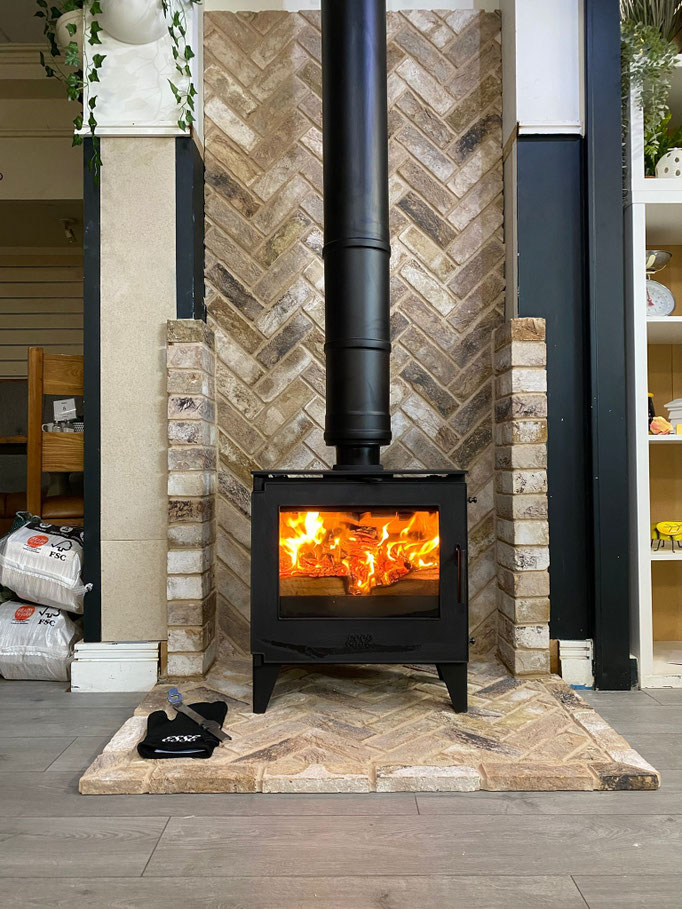 London Weathered Yellow Fireplace Chamber with Hearth in Herringbone pattern