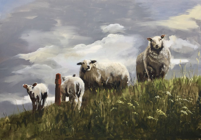 "Sheep on the dyke", oil on canvas 140x200cm by animal painter Philine van der Vegte SOLD