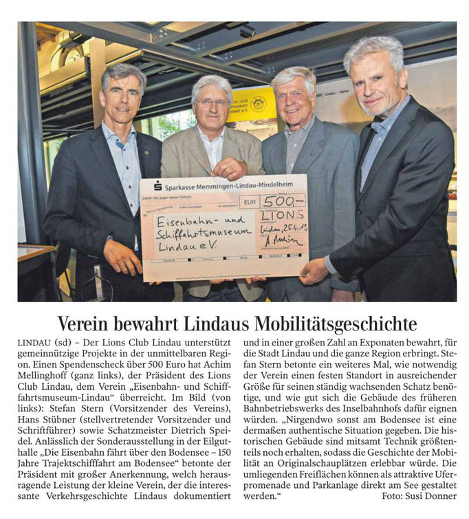 Lindauer Zeitung, 3.Mai 2019, Scheckübergabe LIONS Lindau durch Präsident Achim Mellinghoff