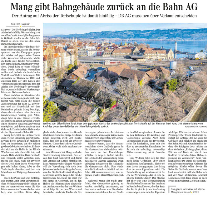 Lindauer Zeitung, 21.12.2019, Bericht über Torfschupfe:Prof.Mang tritt vom Kauf zurück