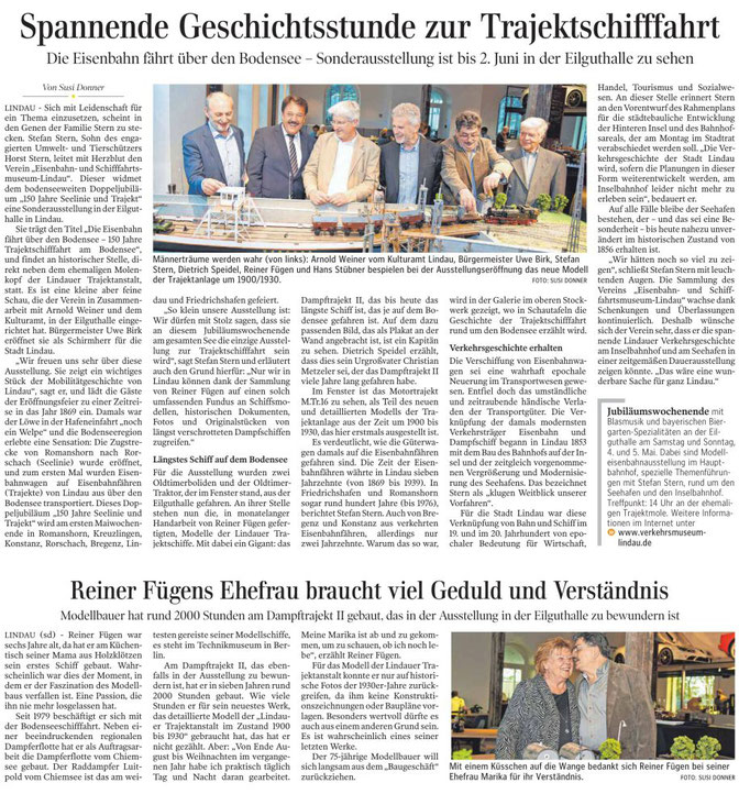 Lindauer Zeitung, 27.04.2019: Eröffnung Ausstellung "Die Eisenbahn fährt über den See - 150 Jahre Trajektschifffahrt am Bodensee"
