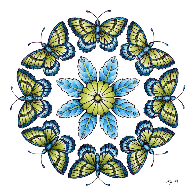 kitsch-paradise, "fleur à papillon" , mandala,encre de chine et crayon de couleur