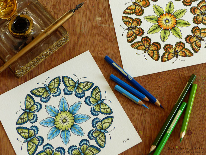 kitsch-paradise, "fleur à papillon" , mandala,encre de chine et crayon de couleur