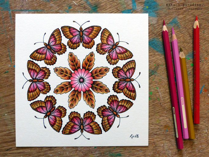 kitsch-paradise, "fleur à papillon" , mandala,encre de chine et crayon de couleur