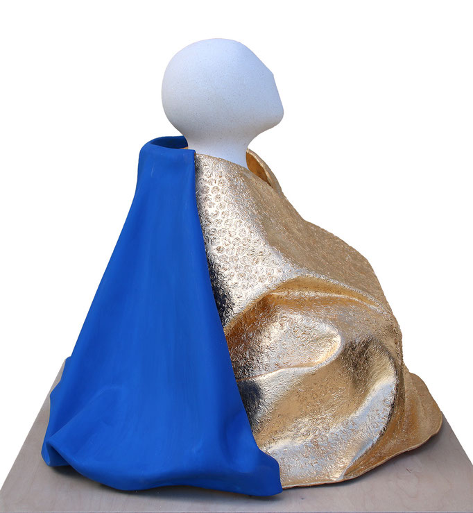 "Barnabé, l'homme lent" - sculpture en pierre de Lens, fibres végétales et dorure à la feuille d'or -