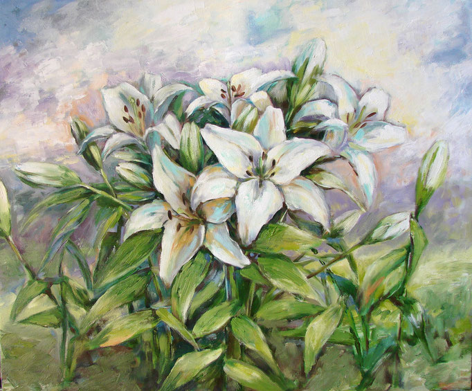 My painting is the harmony of nature embodied in the depiction of white fragrant lilies. Every moment I look at this painting, I am taken back to my memories of spending hours in nature observing these amazing flowers. 