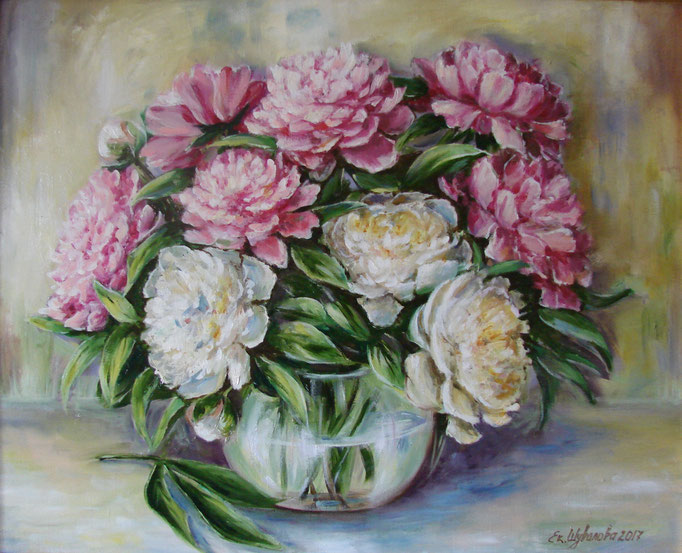 painting "Peonies."2017 Canvas/oil, 19.7 W x 15.7 H  (40x50 centimeters)