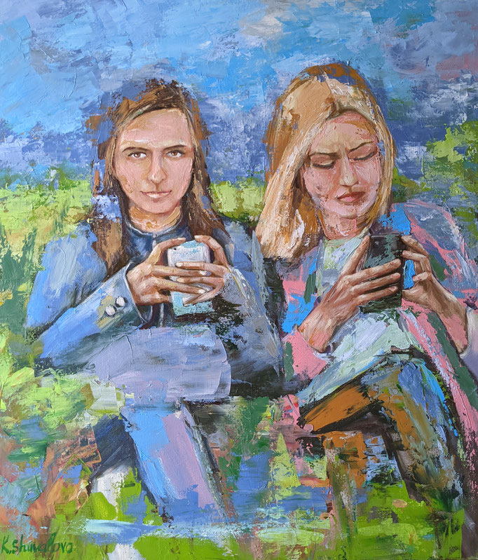 This whole painting emphasizes how much technology and social media can distract us from the world around us and the moments we could be sharing with friends.  Painting contemporary, oil and acrylic on canvas, 2023