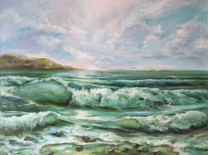 The painting "Seascape", created in oil on canvas, is my inspired piece that conveys important symbols and emotions associated with the sea. The most prominent feature in the painting is the majestic wave rising in the foreground. 
