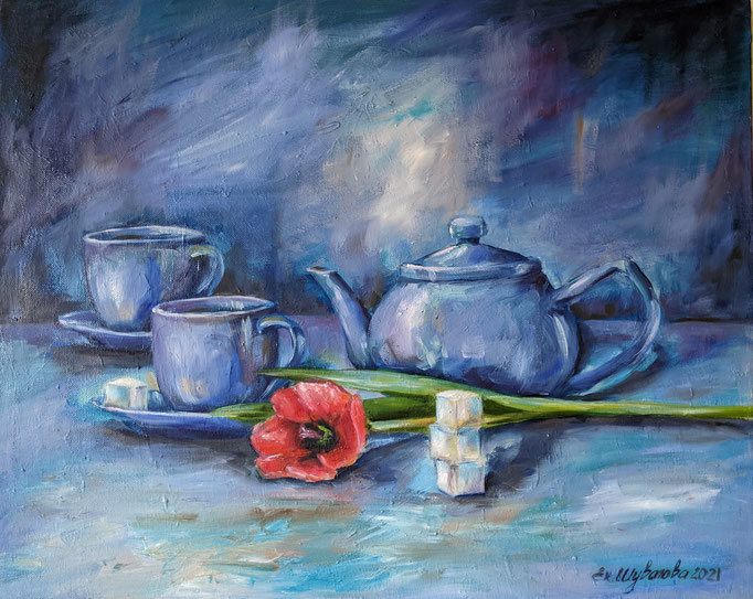 Painting. Pleasant Tea Party. 2021 Canvas/oil, 19.7 W x 15.7 H  (50 x 40 Centimeters)