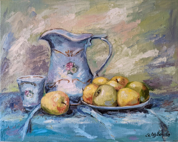 My painting is a pictorial still life in which I tried to convey the beauty and simplicity of everyday things. It is called "Still Life. Apples."  On the canvas in front of you are bright, ripe apples laid out on a white porcelain plate.