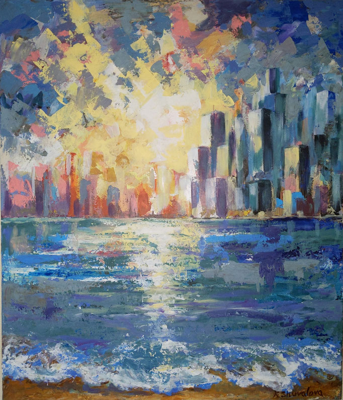My painting is a majestic cityscape with towering skyscrapers washed by the gentle waves of the ocean against the backdrop of sunset. The golden rays of the sun emphasize the beauty and power of this city, embodying symbols of strength and freedom.