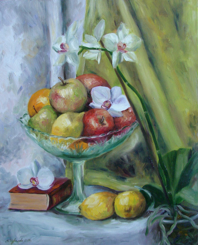 The painting "Fruit and Orchid" is my view of the beauty and perfection of nature expressed through the image of a white orchid and fresh fruit.