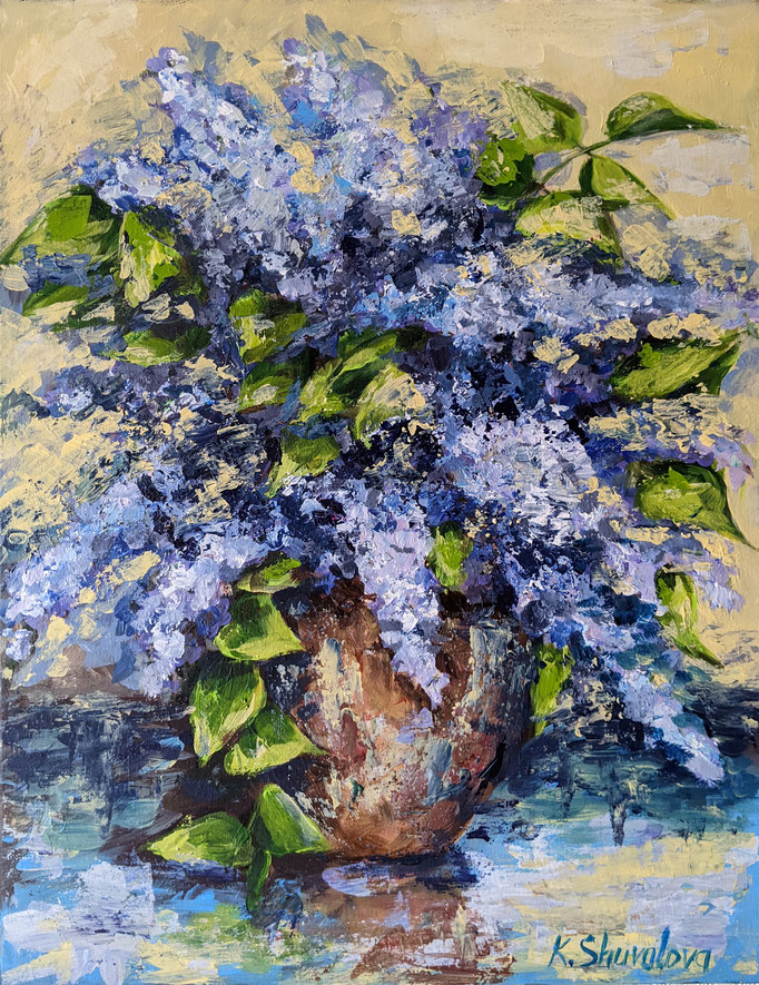 The scent of lilacs, as if floating in the air, creating a feeling of spring freshness and lightness. Scent of lilacs. Painting. Still life. Flowers. Author's work.