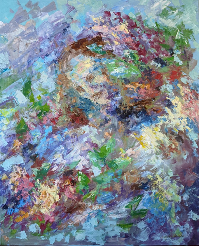 The painting "Spring", which I painted in 2017, is an abstract artwork that is inspired by the beautiful spring weather and lilac branches. This painting combines abstraction and an image of a woman's face to express deep spiritual ideas.