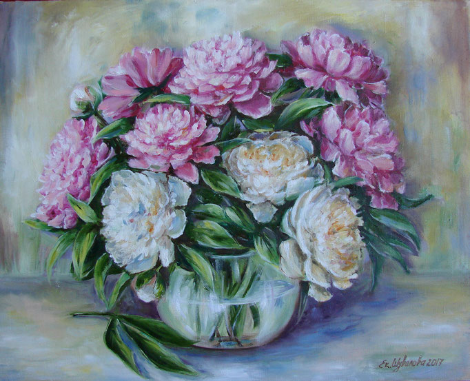 The painting depicts beautiful flowers. Pink and white peonies create contrast and harmony on the canvas. White peonies symbolize purity and innocence, while pink peonies symbolize tenderness and femininity.