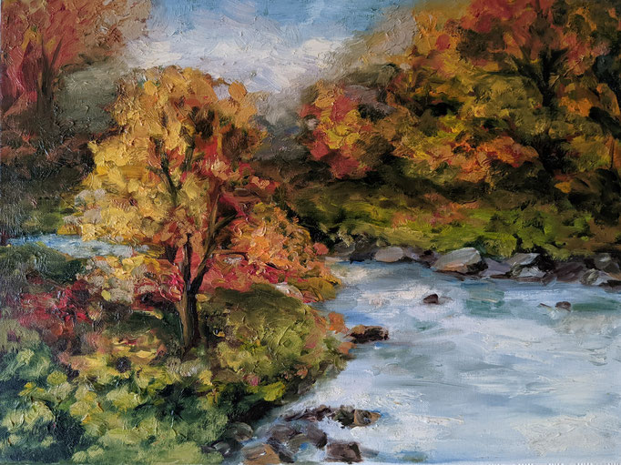 "Mountain River in Autumn" is my attempt to capture the magic of autumn nature. The picture is filled with bright shades of autumn leaves, reflection of the mountains in the clear water of the river. Small picture, painting, oil on canvas.
