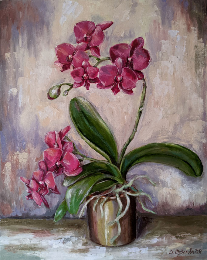 The painting "Orchid" created in 2017 represents to me the sincere love, innocence and perfection that the orchid symbolizes in many cultures. In China, the orchid is also considered a powerful amulet that can dispel evil spirits.