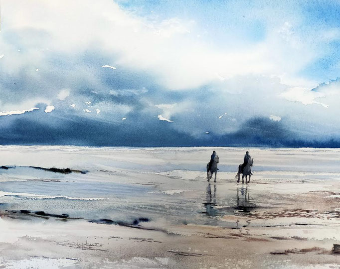 Cavaliers en contre-jour sur la plage 26x36 (2021) Collection privée