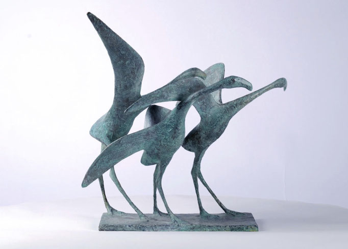 Pierre Yermia, sculpture en bronze, flamands roses. Oiseaux bronze. 33 x 15 : H. 65 cm autres tailles sur commande.