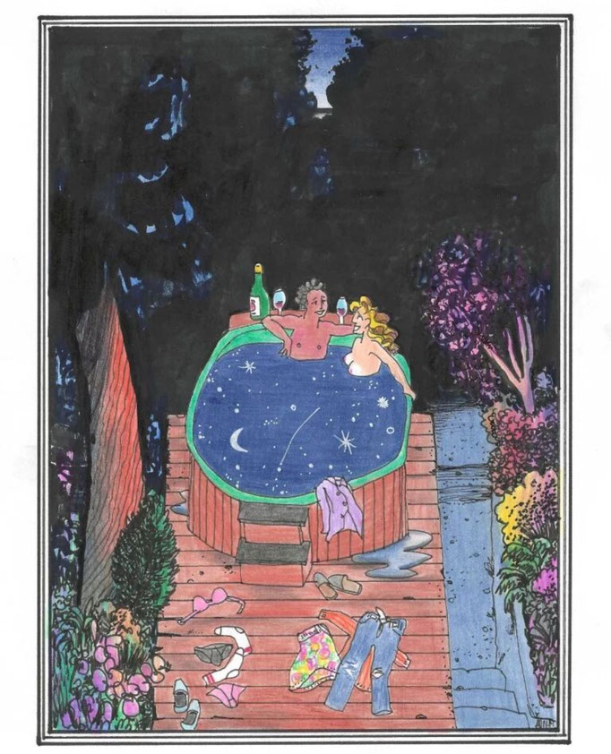 Frank Eric Zeidler "Jacuzzi de Minuit" Dessin original , encres, aquarelle, crayon. 28X38cm-  Galerie Gabel, Biot -  Galerie Gabel, Biot