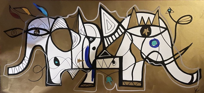 Eric Ifergan 195X130cm, "Golden elephants" acrylique sur toile- Galerie Gabel- Côte d'Azur - Biot