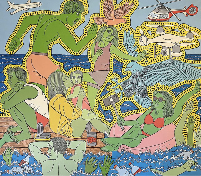 Julian Semiao, L'exil, 180X170cm acrylique sur toile, figuration libre. Vernissage le 08 juillet Galerie Gabel, Biot, ART UP 2021