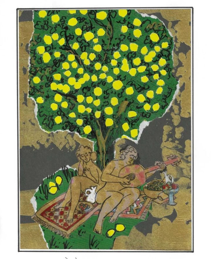 Frank Eric Zeidler "A l'abri du citronier" Dessin original , encres, aquarelle, crayon. 28X38cm-  Galerie Gabel, Biot -  Galerie Gabel, Biot