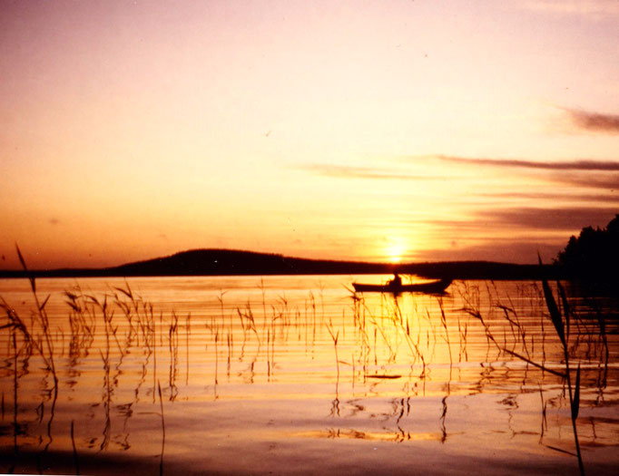 Der frühe Vogel fängt den...Genießen Sie entspanntes Angeln im Boot beim Sonnenaufgang in den Schilfzonen der 3km breiten Bucht vor dem Haus. Im Hintergrund der 1,5 km vom Haus entfernte "Berg" mit Aussichtsturm der Insel Päijätsalo bei Sonnenaufgang
