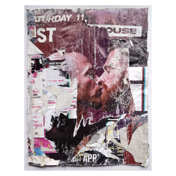 Two kissing ginger bears, décollage, ca. 45,5 x 34,8 cm, 2026 (Berlin, DE)