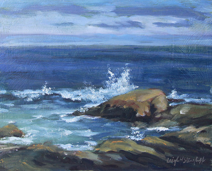 Andrews Point Cloudy Day Crashing Waves, study, 8x10" Oil on rough sanded masonite