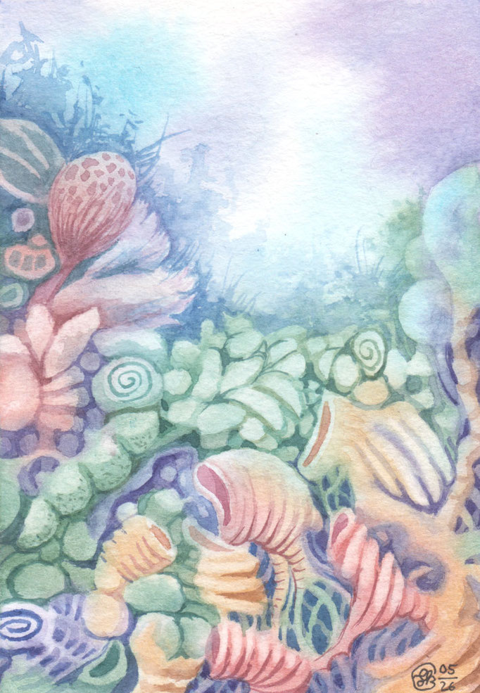 Spontane Aquarellmalerei mit korallenähnlichen Gebilden in träumerischen Farben, lila, blau und orange.