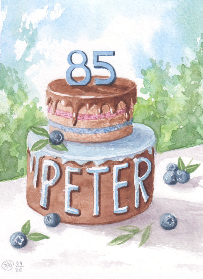 Blaubeerkuchen zum 85. Geburtstag in Aquarelltechnik gemalt
