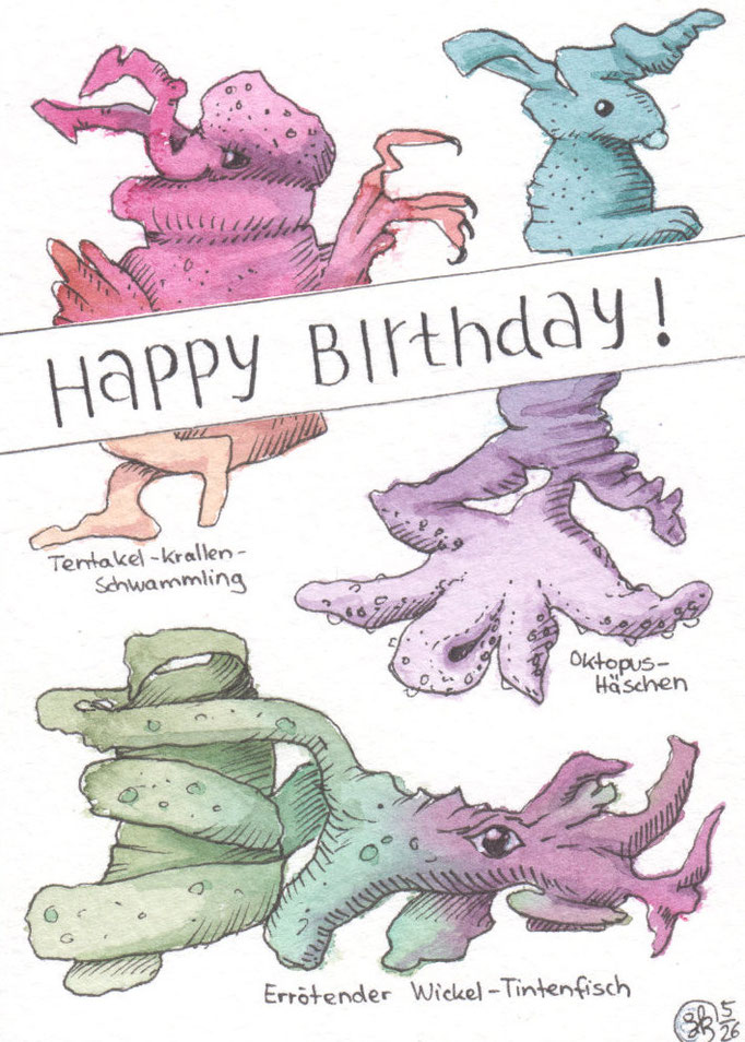 Drei Flecken-Charaktere in Aquarelltechnik mit schwarzem Fineliner, Happy Birthday Schriftzug