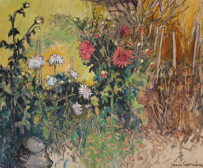17- Armissan, Dahlias, Technique mixte (fusain, pastel, huile), sur bois médium, format 60 cm x 73 cm, prix : 850 €