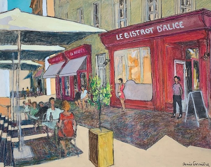 50-Carcassonne, le bistrot d'Alice, Technique mixte (fusain, pastel, huile), sur bois médium, format 92 cm x 73 cm, prix : 1100 €