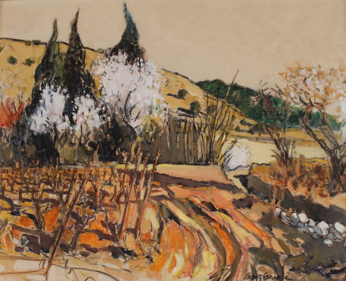 235- Gruissan, bord d'étang, Amandiers, Technique mixte (fusain, pastel, huile), sur bois médium, format 60 cm x 81 cm, prix : 850 €