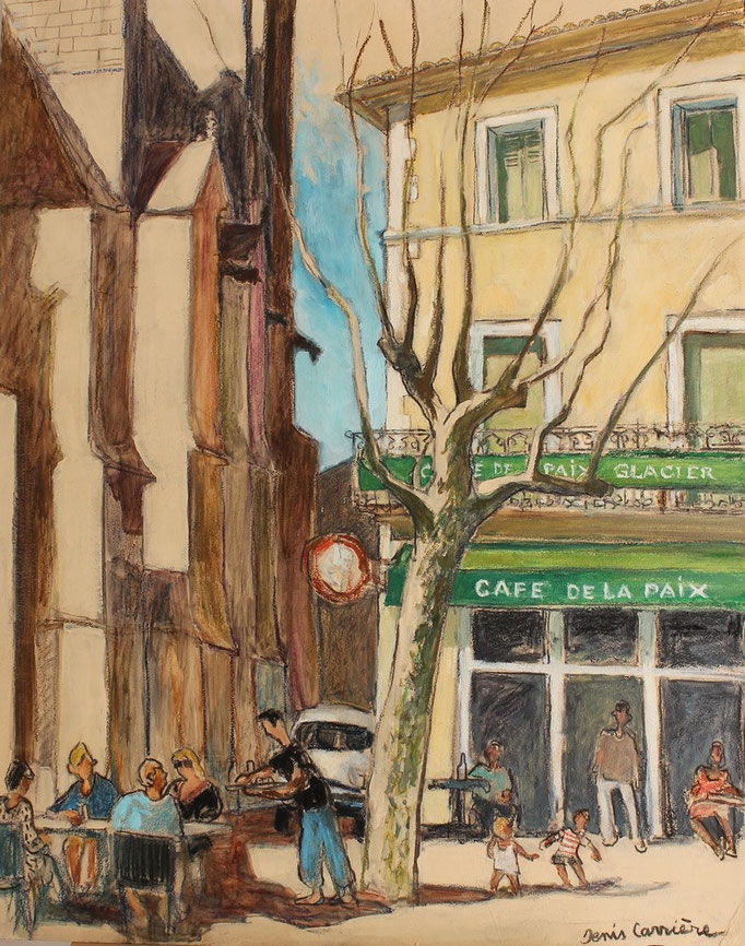 51- Capestang, café de la Paix, Technique mixte (fusain, pastel, huile), sur bois médium, format 73 cm x 92 cm, prix : 1100 €