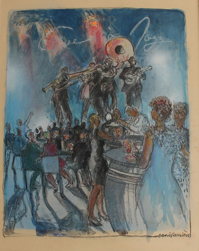 26- Conilhac, cave à jazz, Technique mixte (fusain, pastel, huile), sur bois médium, format 65 cm x 81 cm, prix : 950 €