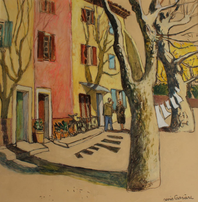 228- Saint-Chinian, quai Villeneuve, Technique mixte (fusain, pastel, huile), sur bois médium, format 80 cm x 80 cm, prix : 1100 €