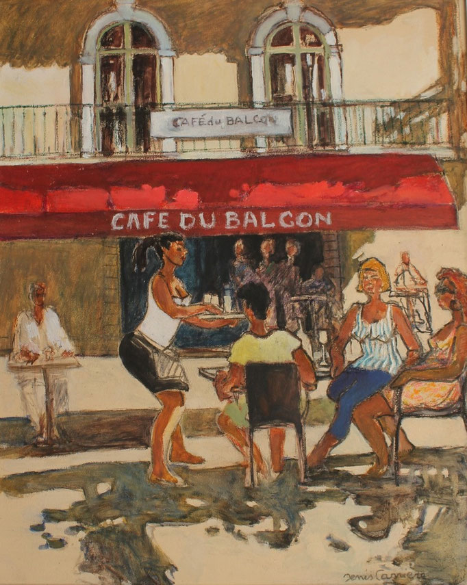 13- Saint-Chinian, café du balcon, Technique mixte (fusain, pastel, huile), sur bois médium, format 60 cm x 73 cm, prix : 850 €
