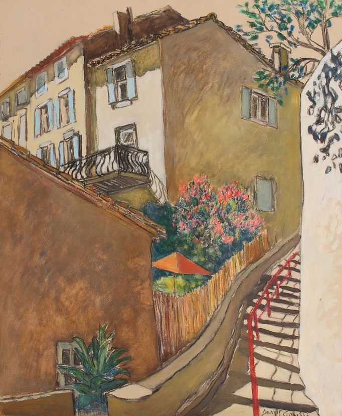 66- Ventenac Minervois, les escaliers, Technique mixte (fusain, pastel, huile), sur bois médium, format 61 cm x 50 cm, prix : 650 €