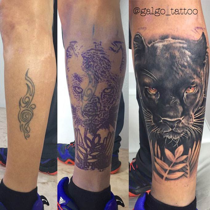 Mi mejor cover up de un tribal, tapado con una pantera realista negra en la pierna.